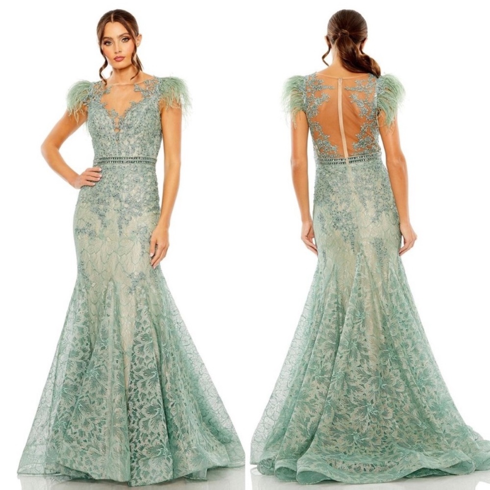 Mac Duggal Seafoam Lace & Feather Mermaid Gown size 12